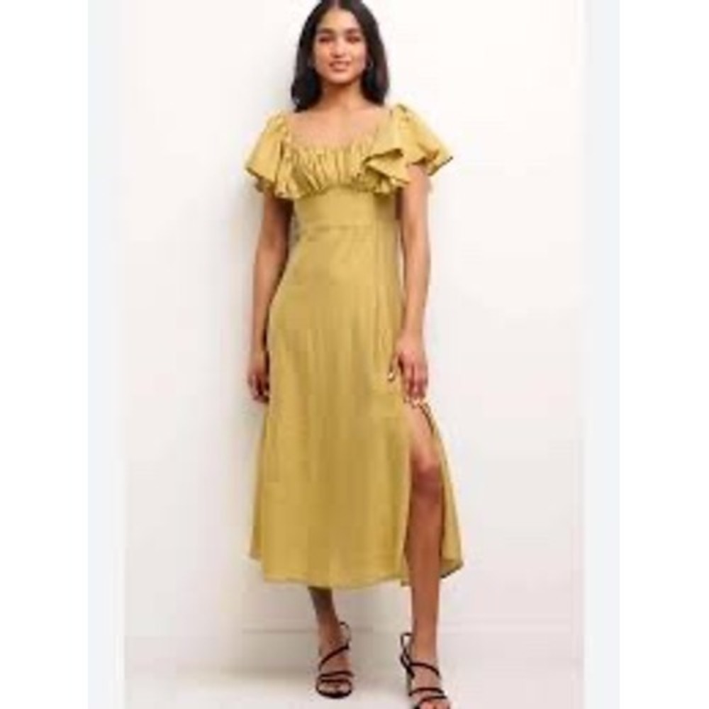 H&M Chartreuse Satin Flutter Sleeve Midi Dress XL Sweetheart Neck High‎ Slit